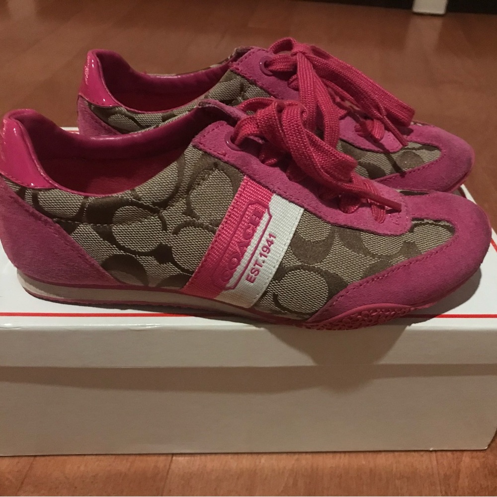 Coach Kortney-brown/khaki signature canvas with pink suede.
